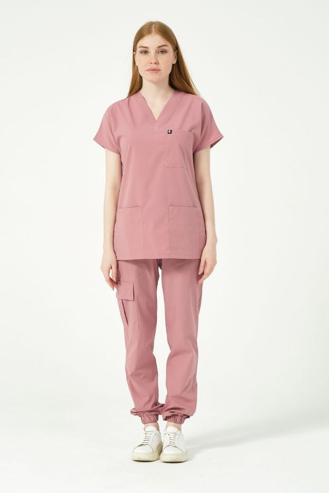 Gül Kurusu Likralı Scrubs Kargo Cep Jogger Paça Doktor Hemşire Forması Yarasa Kol Takım Unisex XS