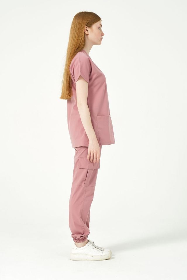 Gül Kurusu Likralı Scrubs Kargo Cep Jogger Paça Doktor Hemşire Forması Yarasa Kol Takım Unisex XS