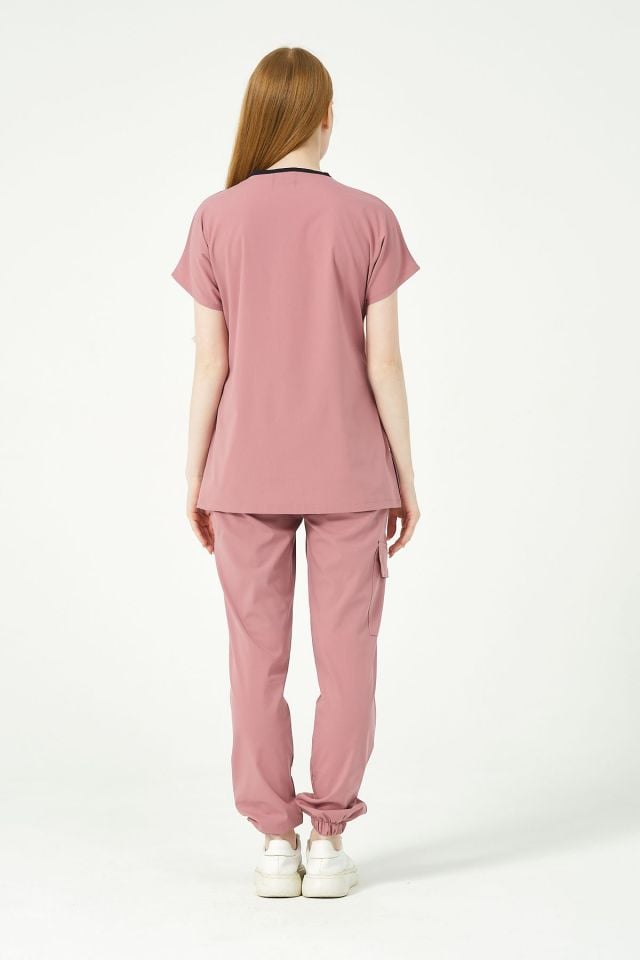 Gül Kurusu Likralı Scrubs Kargo Cep Jogger Paça Doktor Hemşire Forması Yarasa Kol Takım Unisex XS
