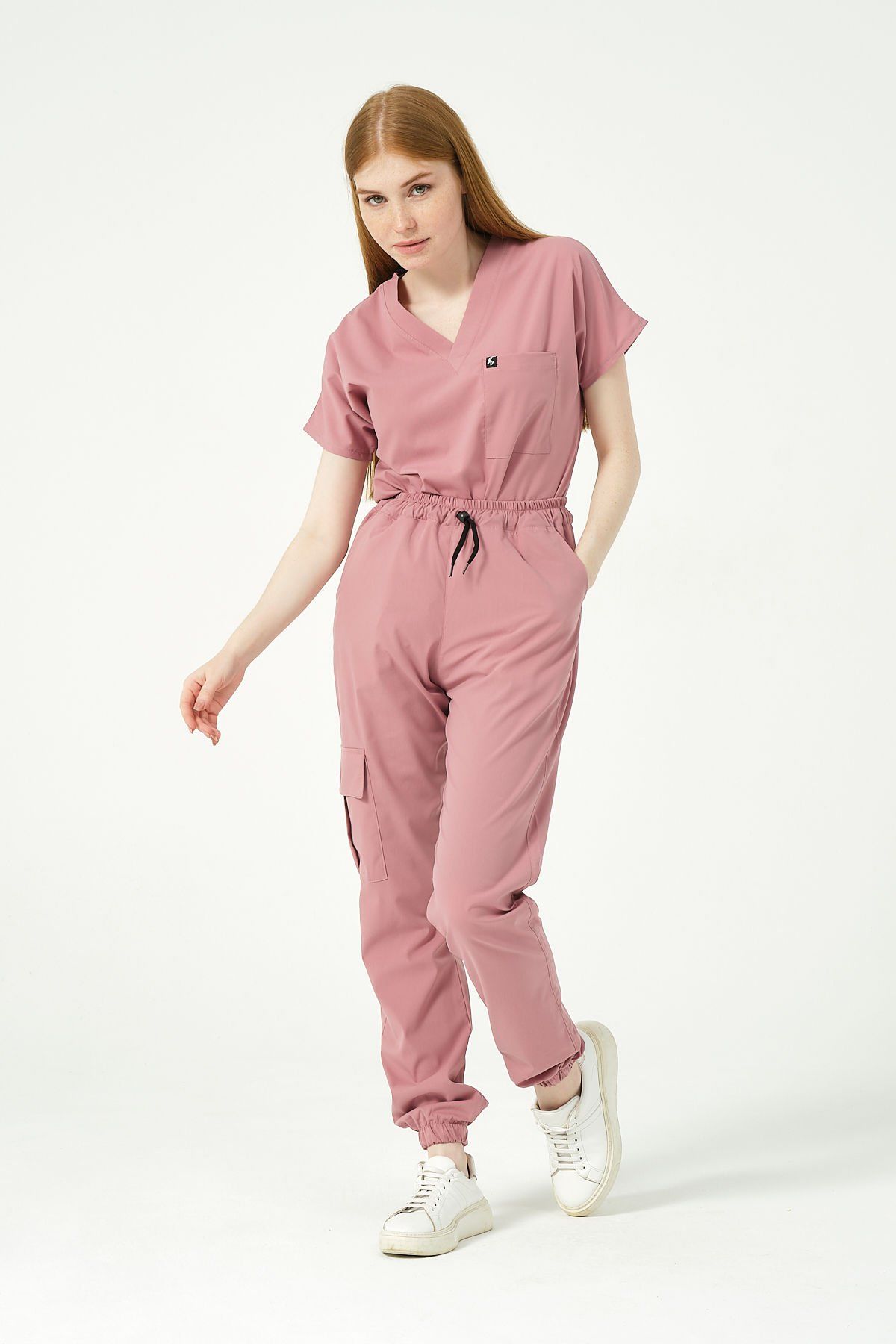 Gül Kurusu Likralı Scrubs Kargo Cep Jogger Paça Doktor Hemşire Forması Yarasa Kol Takım Unisex