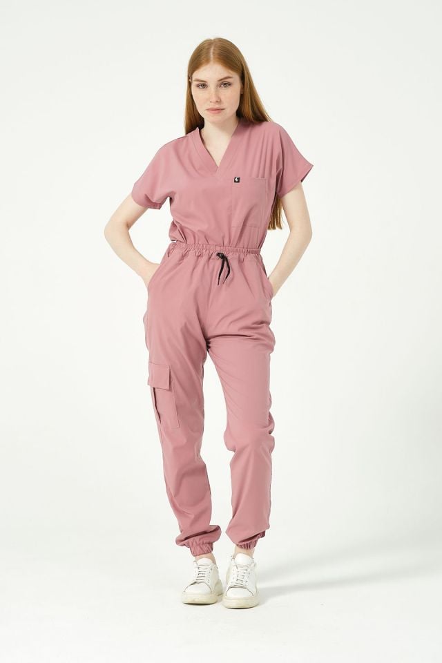 Gül Kurusu Likralı Scrubs Kargo Cep Jogger Paça Doktor Hemşire Forması Yarasa Kol Takım Unisex XS
