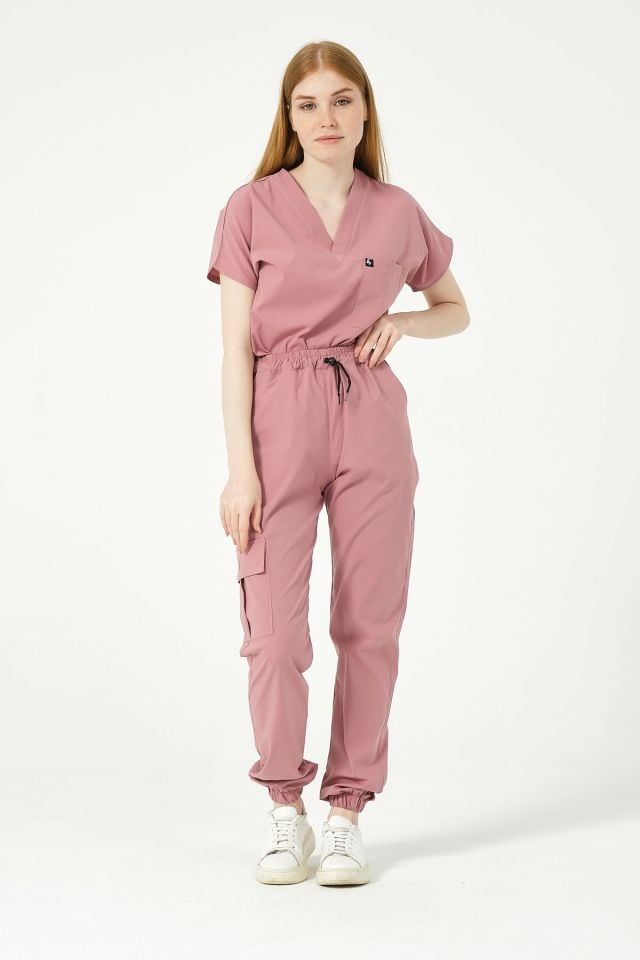 Gül Kurusu Likralı Scrubs Kargo Cep Jogger Paça Doktor Hemşire Forması Yarasa Kol Takım Unisex XS