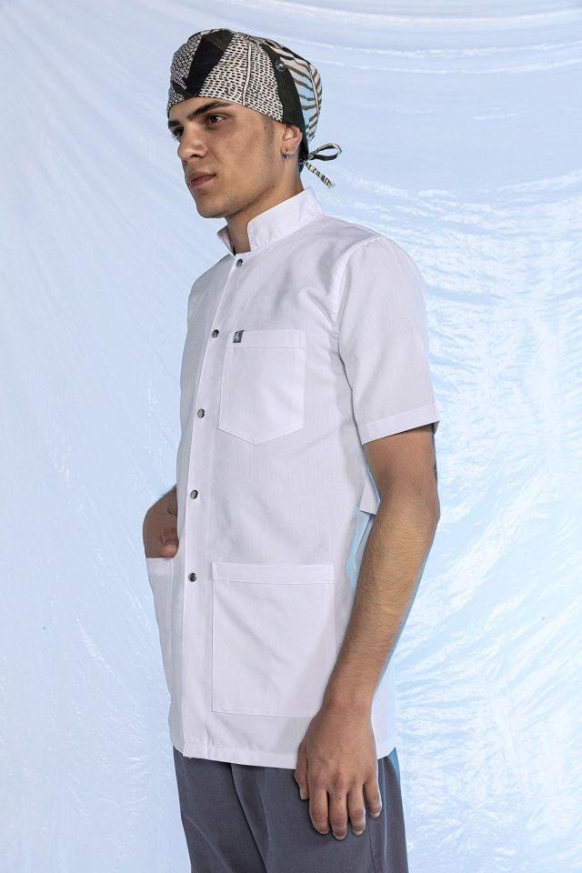 Beyaz Doktor Öğretmen Öğrenci Laboratuvar Önlüğü Kısa Kol Hakim Yaka Erkek XS