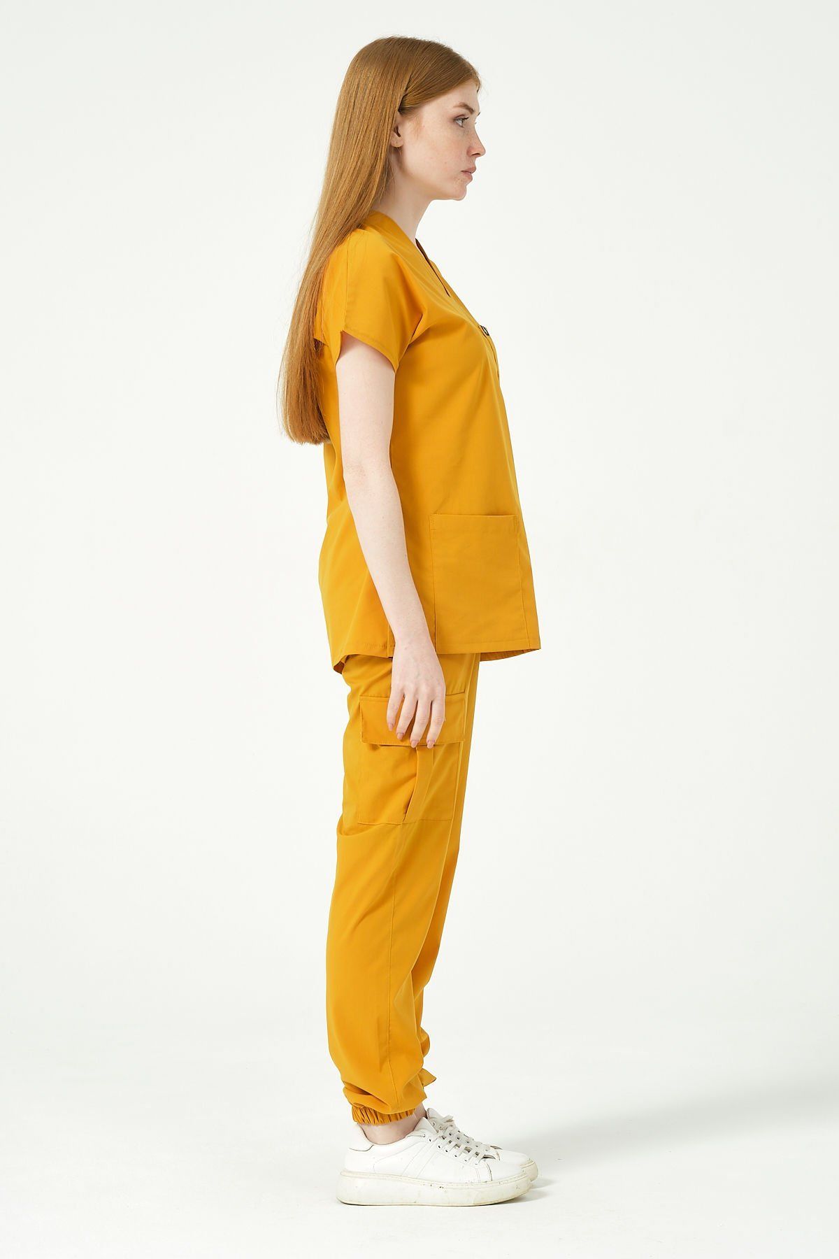 Hardal Likralı Scrubs Kargo Cep Jogger Paça Doktor Hemşire Forması Yarasa Kol Takım Unisex