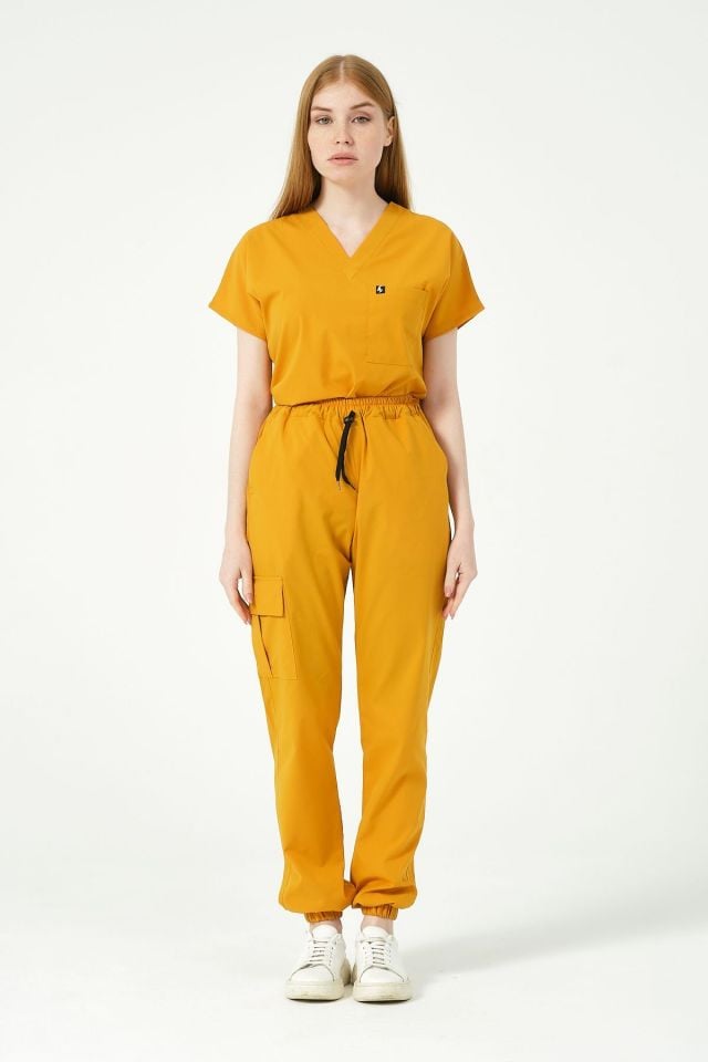 Hardal Likralı Scrubs Kargo Cep Jogger Paça Doktor Hemşire Forması Yarasa Kol Takım Unisex