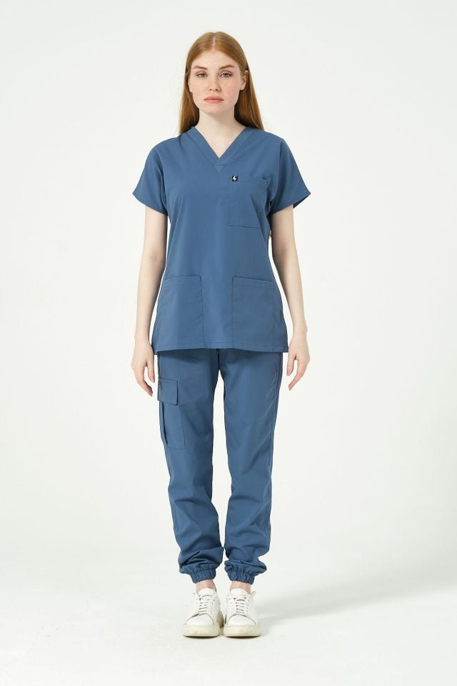 İndigo Likralı Scrubs Kargo Cep Jogger Paça Doktor Hemşire Forması Yarasa Kol Takım Unisex 2XL