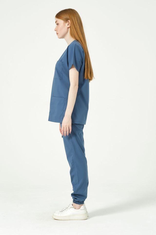 İndigo Likralı Scrubs Kargo Cep Jogger Paça Doktor Hemşire Forması Yarasa Kol Takım Unisex