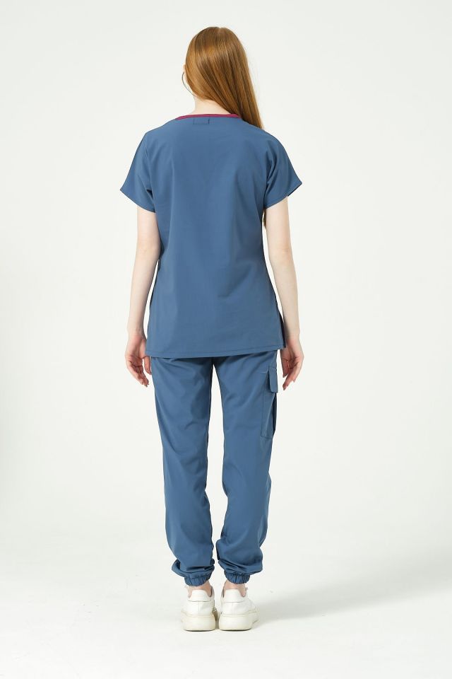 İndigo Likralı Scrubs Kargo Cep Jogger Paça Doktor Hemşire Forması Yarasa Kol Takım Unisex 2XL