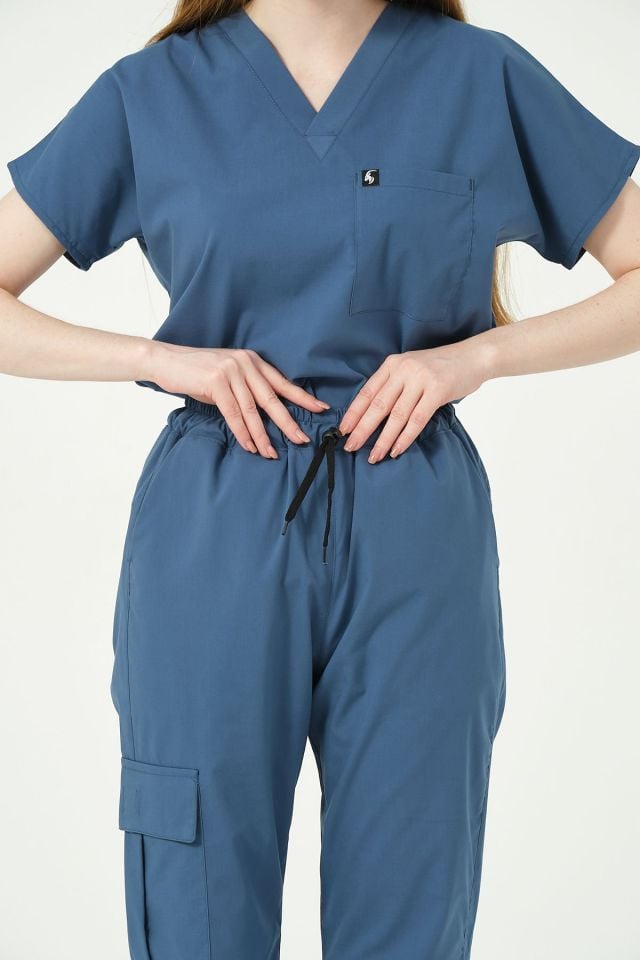 İndigo Likralı Scrubs Kargo Cep Jogger Paça Doktor Hemşire Forması Yarasa Kol Takım Unisex