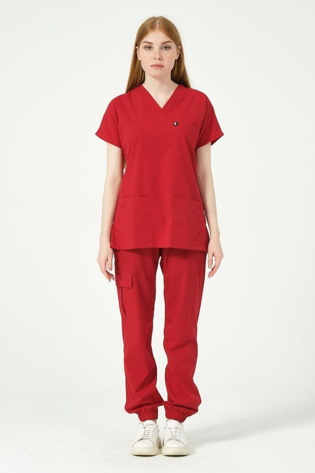 Kırmızı Likralı Scrubs Kargo Cep Jogger Paça Doktor Hemşire Forması Yarasa Kol Takım Unisex XS