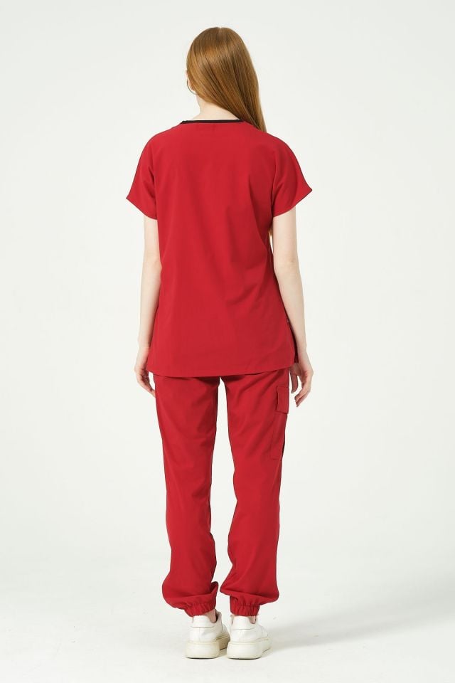Kırmızı Likralı Scrubs Kargo Cep Jogger Paça Doktor Hemşire Forması Yarasa Kol Takım Unisex XS