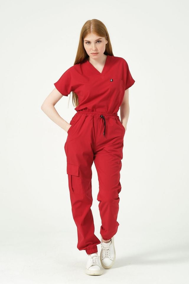 Kırmızı Likralı Scrubs Kargo Cep Jogger Paça Doktor Hemşire Forması Yarasa Kol Takım Unisex XS