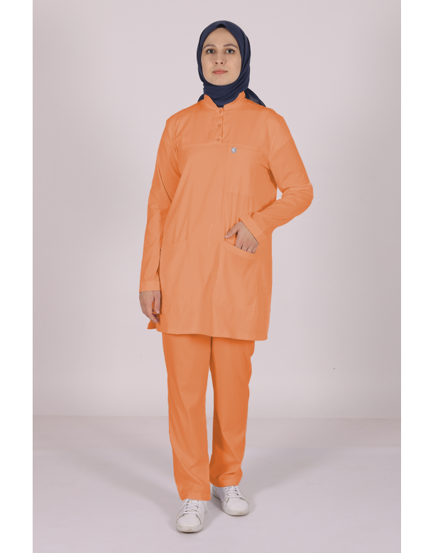 Somon Likralı Tesettür Scrubs Doktor Hemşire Forması Tek Üst L