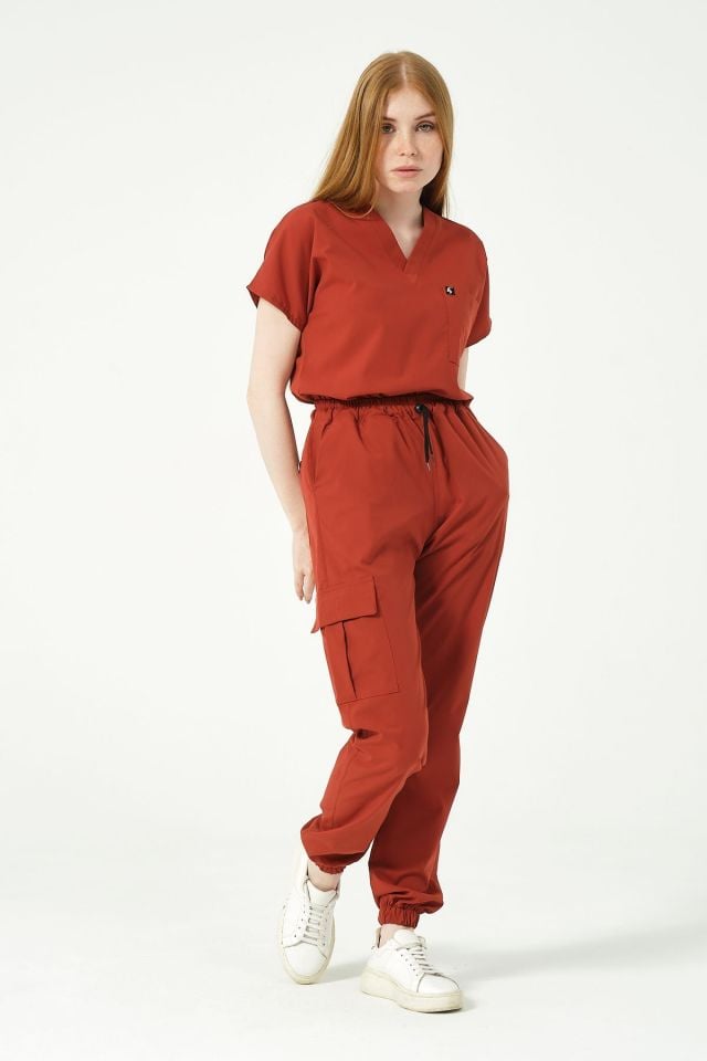Kiremit Likralı Scrubs Kargo Cep Jogger Paça Doktor Hemşire Forması Yarasa Kol Takım Unisex