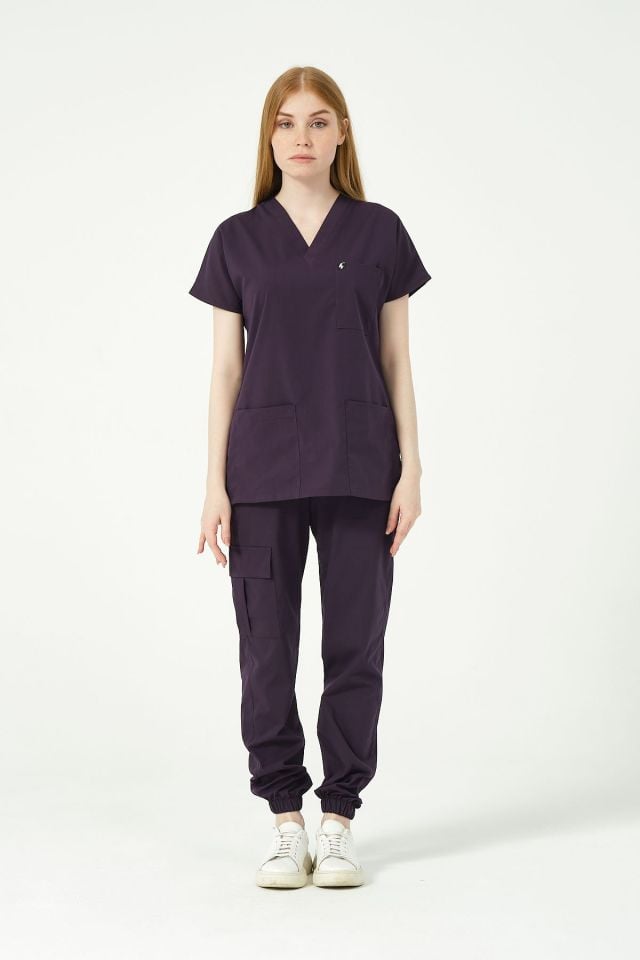 Koyu Mor Likralı Scrubs Kargo Cep Jogger Paça Doktor Hemşire Forması Yarasa Kol Takım Unisex