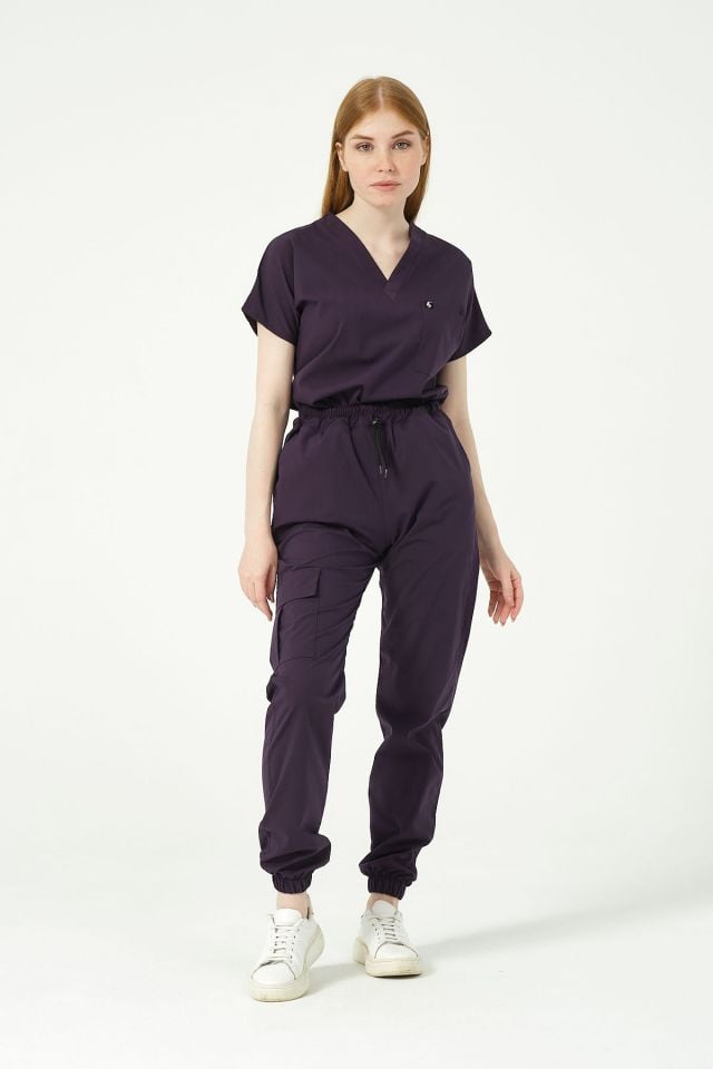 Koyu Mor Likralı Scrubs Kargo Cep Jogger Paça Doktor Hemşire Forması Yarasa Kol Takım Unisex