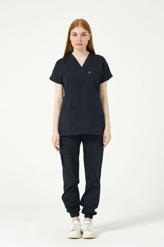 Lacivert Likralı Scrubs Kargo Cep Jogger Paça Doktor Hemşire Forması Yarasa Kol Takım Unisex S