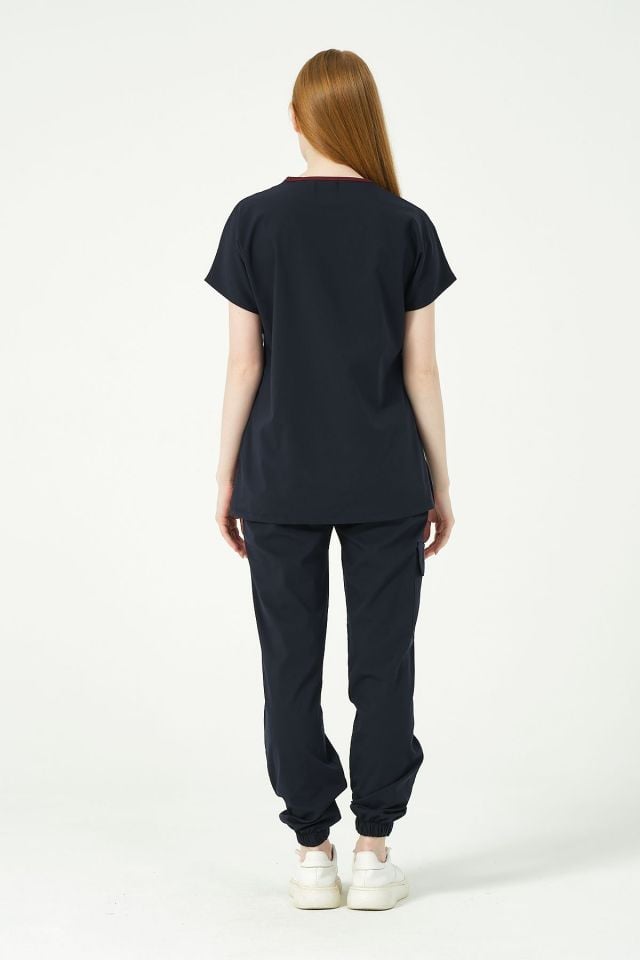 Lacivert Likralı Scrubs Kargo Cep Jogger Paça Doktor Hemşire Forması Yarasa Kol Takım Unisex S