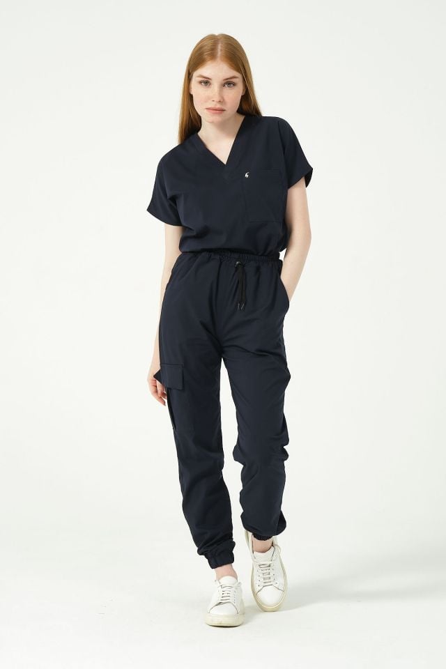 Lacivert Likralı Scrubs Kargo Cep Jogger Paça Doktor Hemşire Forması Yarasa Kol Takım Unisex S