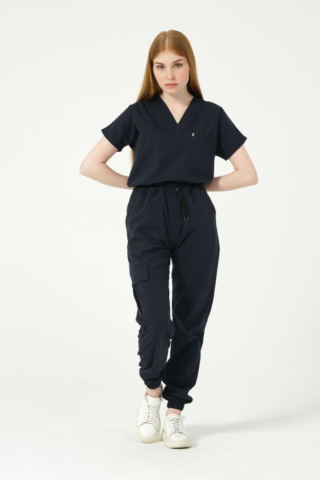 Lacivert Likralı Scrubs Kargo Cep Jogger Paça Doktor Hemşire Forması Yarasa Kol Takım Unisex S