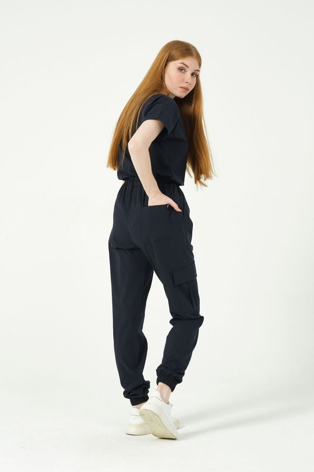 Lacivert Likralı Scrubs Kargo Cep Jogger Paça Doktor Hemşire Forması Yarasa Kol Takım Unisex S
