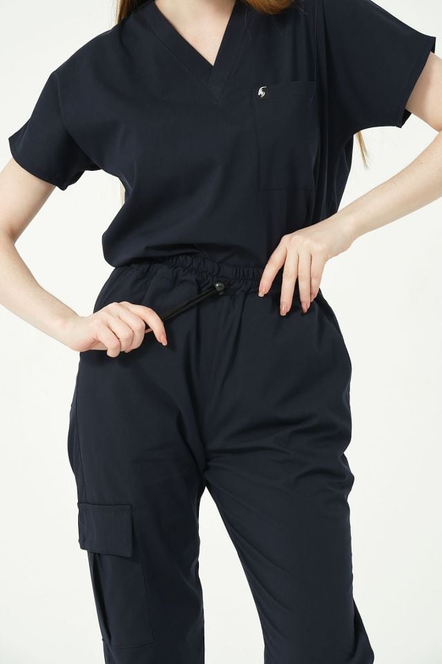 Lacivert Likralı Scrubs Kargo Cep Jogger Paça Doktor Hemşire Forması Yarasa Kol Takım Unisex S