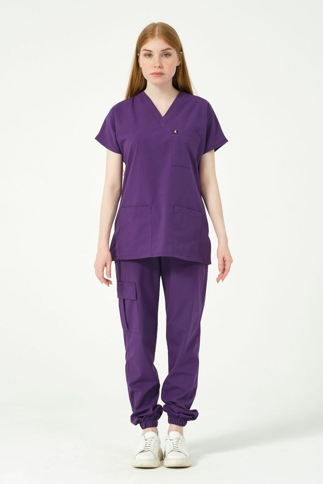 Mor Likralı Scrubs Kargo Cep Jogger Paça Doktor Hemşire Forması Yarasa Kol Takım Unisex 2XS