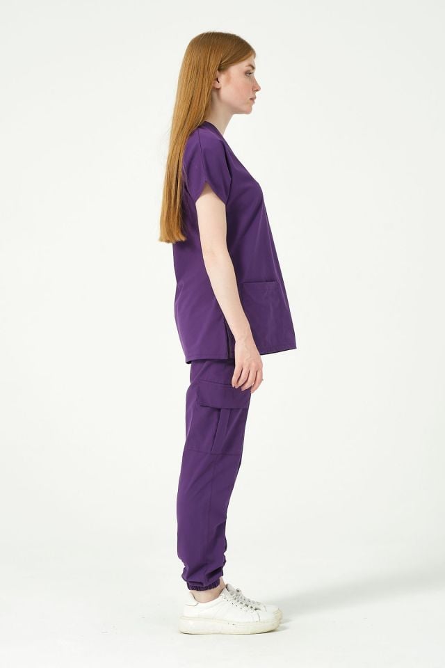 Mor Likralı Scrubs Kargo Cep Jogger Paça Doktor Hemşire Forması Yarasa Kol Takım Unisex 2XS