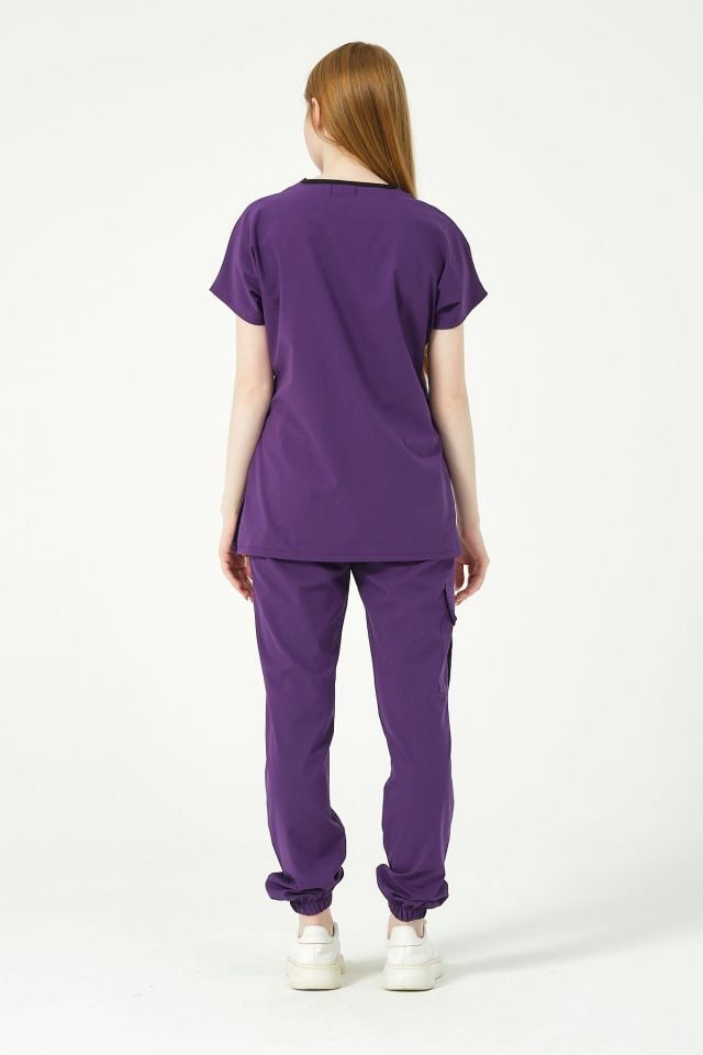 Mor Likralı Scrubs Kargo Cep Jogger Paça Doktor Hemşire Forması Yarasa Kol Takım Unisex 2XS