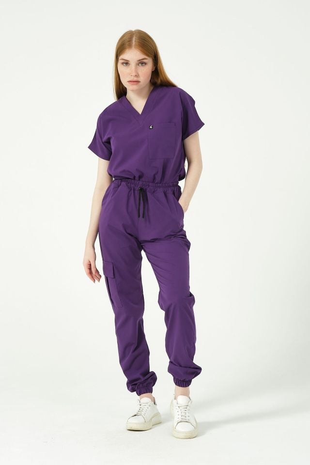 Mor Likralı Scrubs Kargo Cep Jogger Paça Doktor Hemşire Forması Yarasa Kol Takım Unisex 2XS