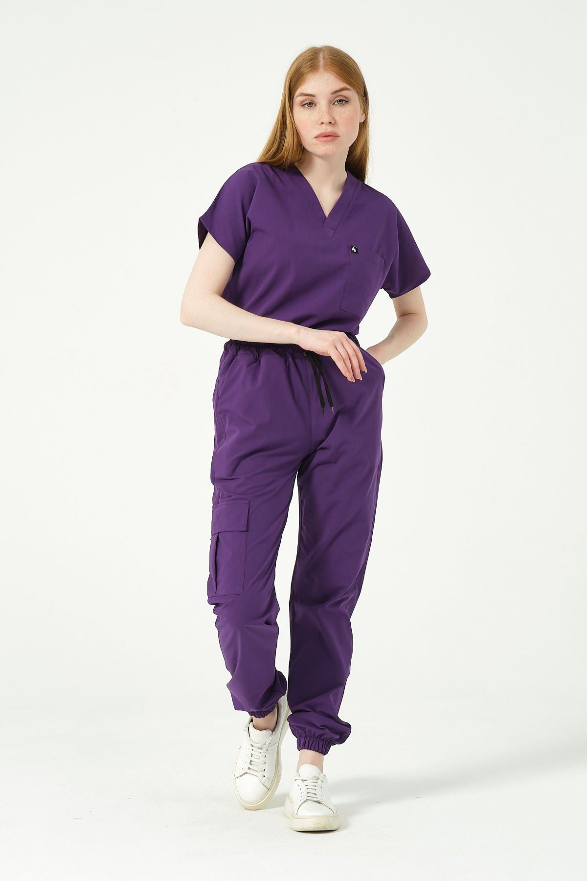 Mor Likralı Scrubs Kargo Cep Jogger Paça Doktor Hemşire Forması Yarasa Kol Takım Unisex 2XS