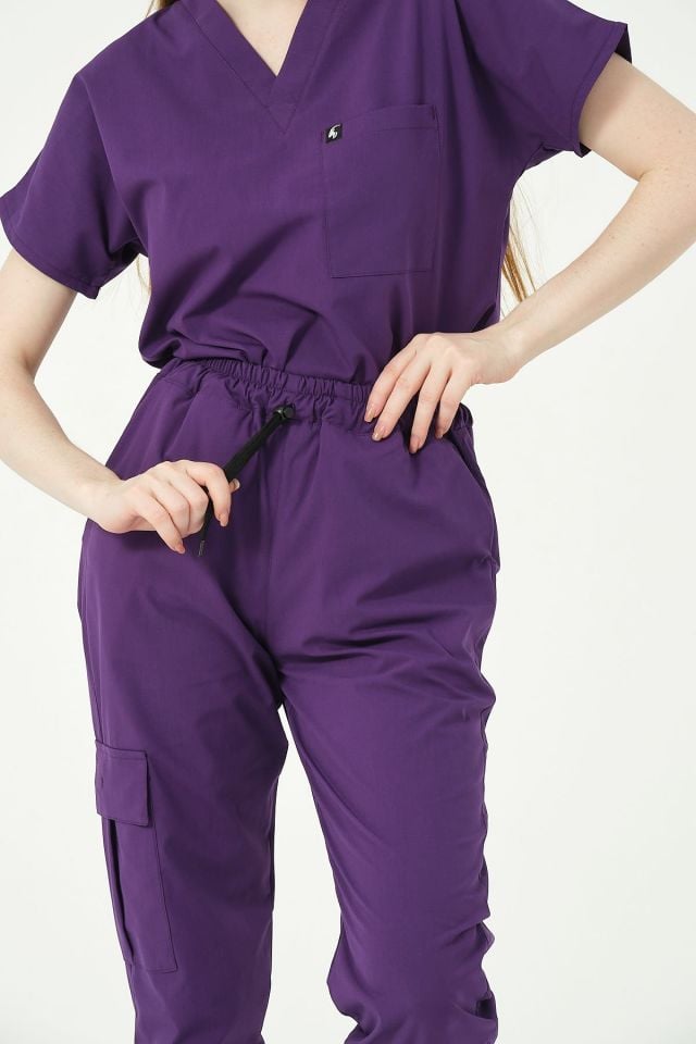 Mor Likralı Scrubs Kargo Cep Jogger Paça Doktor Hemşire Forması Yarasa Kol Takım Unisex 2XS