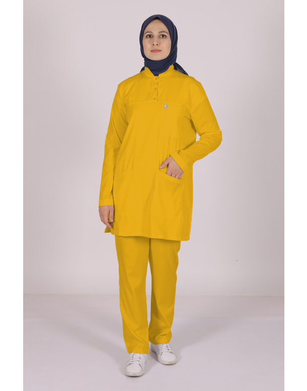Hardal Likralı Tesettür Scrubs Doktor Hemşire Forması Tek Üst 2XS