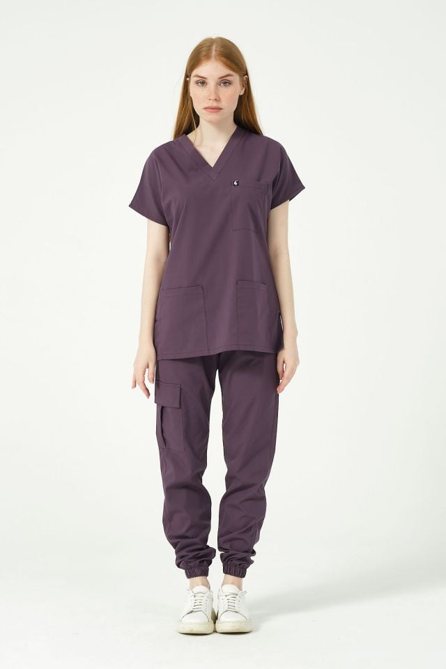 Mürdüm Likralı Scrubs Kargo Cep Jogger Paça Doktor Hemşire Forması Yarasa Kol Takım Unisex 2XS