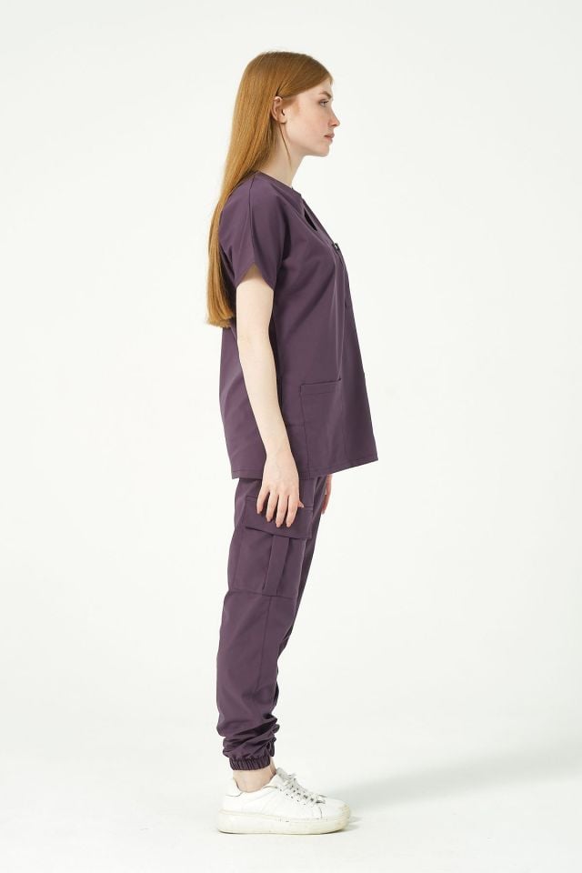 Mürdüm Likralı Scrubs Kargo Cep Jogger Paça Doktor Hemşire Forması Yarasa Kol Takım Unisex 2XS