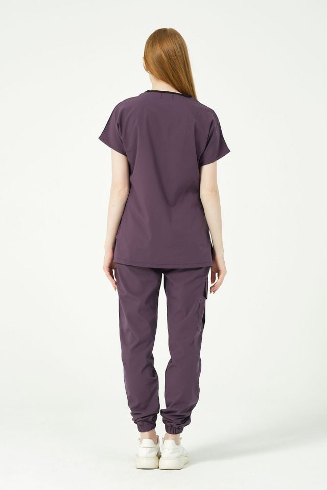 Mürdüm Likralı Scrubs Kargo Cep Jogger Paça Doktor Hemşire Forması Yarasa Kol Takım Unisex 2XS