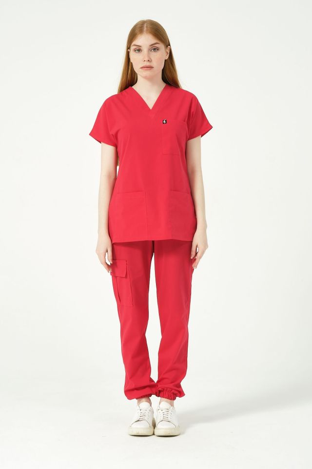 Nar Çiçeği Likralı Scrubs Kargo Cep Jogger Paça Doktor Hemşire Forması Yarasa Kol Takım Unisex XS