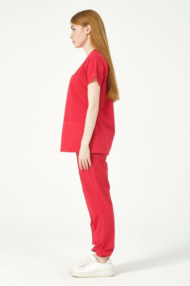 Nar Çiçeği Likralı Scrubs Kargo Cep Jogger Paça Doktor Hemşire Forması Yarasa Kol Takım Unisex XS
