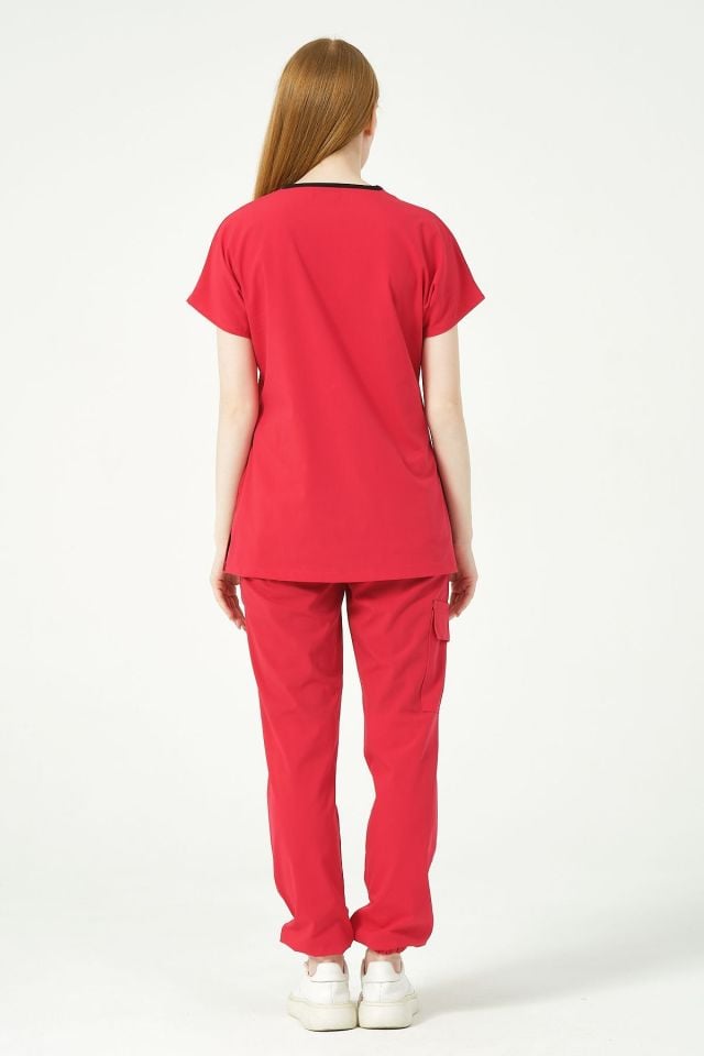 Nar Çiçeği Likralı Scrubs Kargo Cep Jogger Paça Doktor Hemşire Forması Yarasa Kol Takım Unisex XS