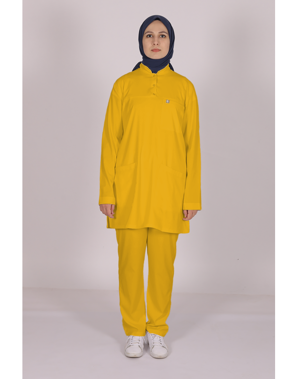 Hardal Likralı Tesettür Scrubs Doktor Hemşire Forması Tek Üst S