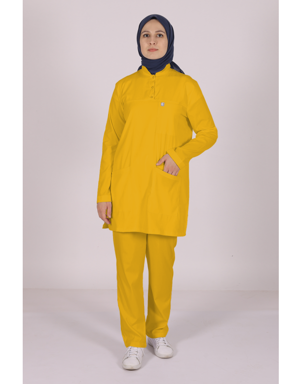 Hardal Likralı Tesettür Scrubs Doktor Hemşire Forması Tek Üst M