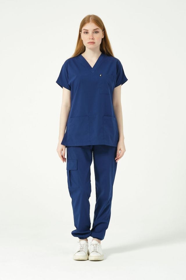 Saks Mavi Likralı Scrubs Kargo Cep Jogger Paça Doktor Hemşire Forması Yarasa Kol Takım Unisex S