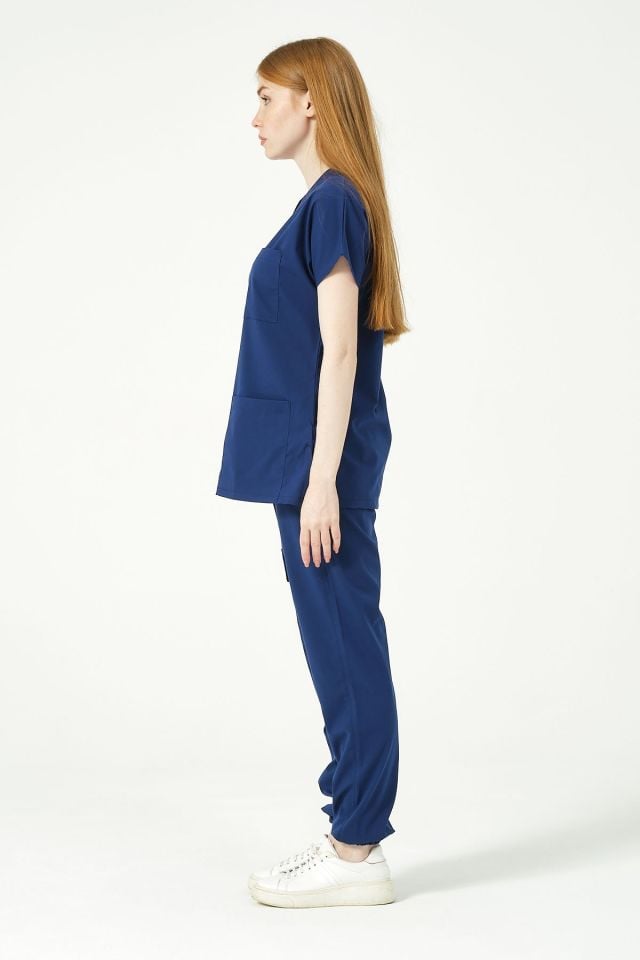 Saks Mavi Likralı Scrubs Kargo Cep Jogger Paça Doktor Hemşire Forması Yarasa Kol Takım Unisex S