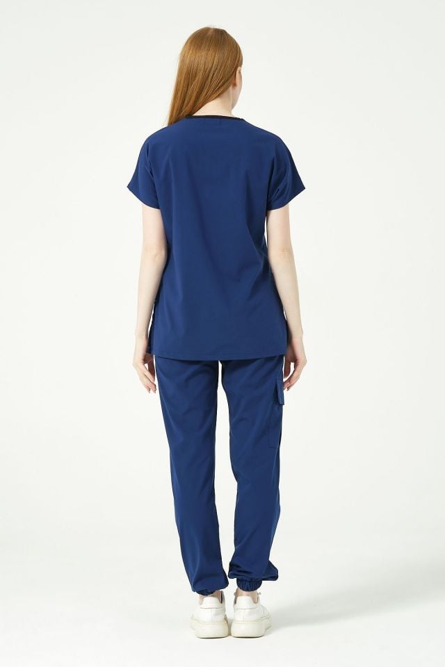 Saks Mavi Likralı Scrubs Kargo Cep Jogger Paça Doktor Hemşire Forması Yarasa Kol Takım Unisex S