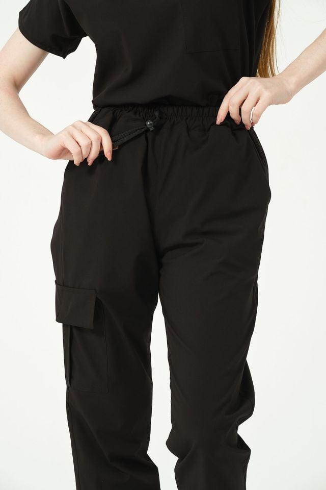 Siyah Likralı Scrubs Kargo Cep Jogger Paça Doktor Hemşire Forması Yarasa Kol Takım Unisex