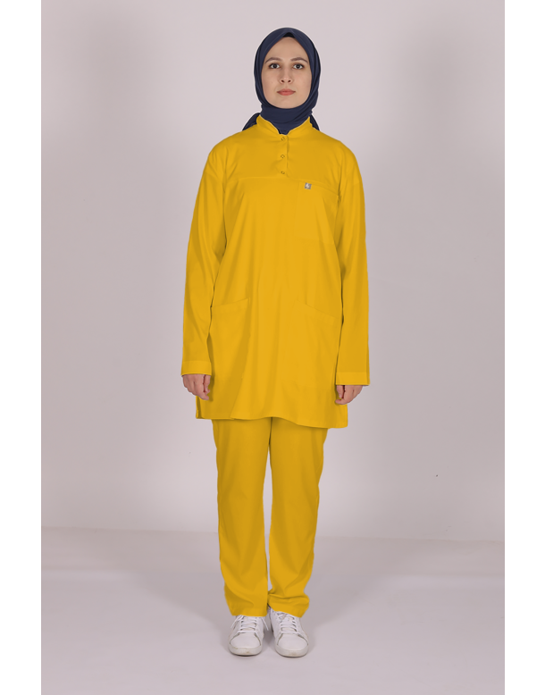 Hardal Likralı Tesettür Scrubs Doktor Hemşire Forması Tek Üst XL