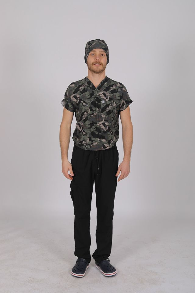 Kamuflaj Likralı Scrubs Doktor Hemşire Forması Yarasa Kol Takım XXS