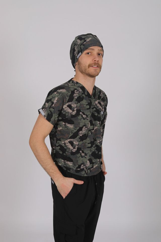 Kamuflaj Likralı Scrubs Doktor Hemşire Forması Yarasa Kol Takım XXS
