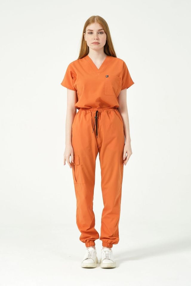 Somon Likralı Scrubs Kargo Cep Jogger Paça Doktor Hemşire Forması Yarasa Kol Takım Unisex XS