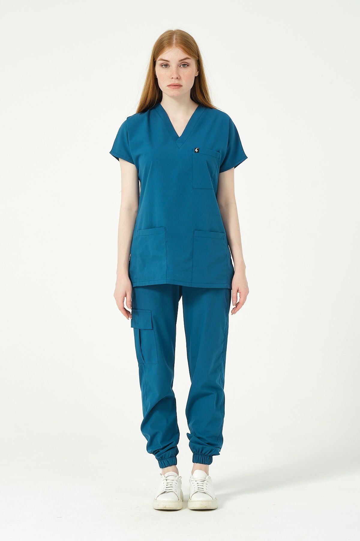 Turkuaz Likralı Scrubs Kargo Cep Jogger Paça Doktor Hemşire Forması Yarasa Kol Takım Unisex